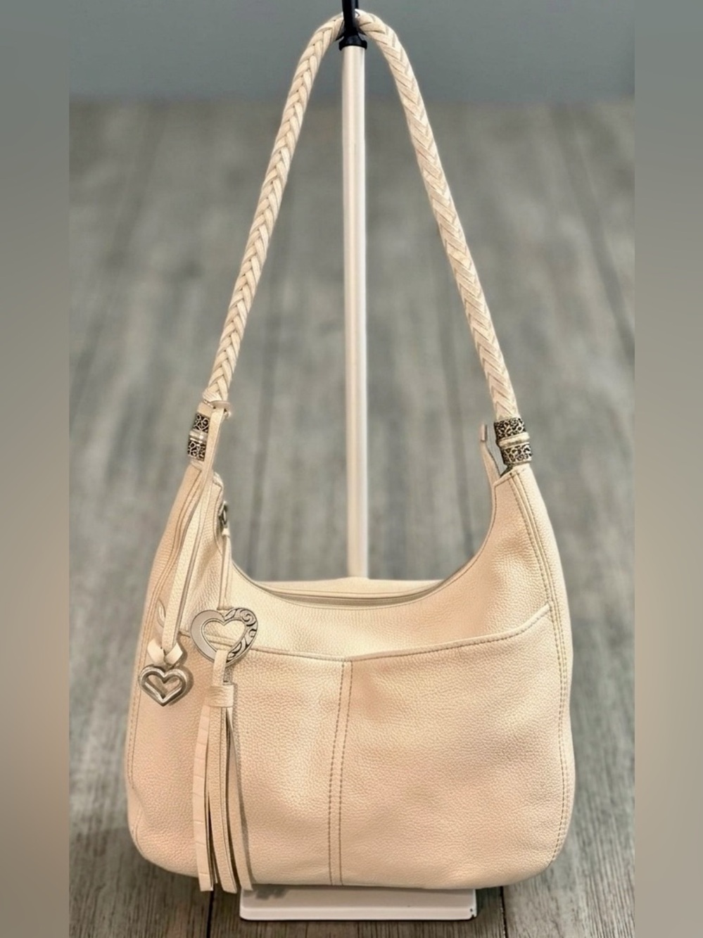 Brighton Creamy White Pebbled Leather Barbados Ziptop Hobo Bag